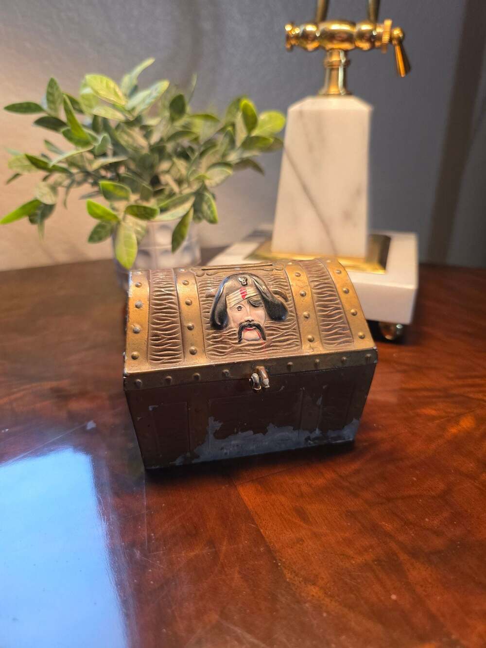 Vintage E.J. Kahn Co. Pirate Treasure Chest Metal Coin Bank
